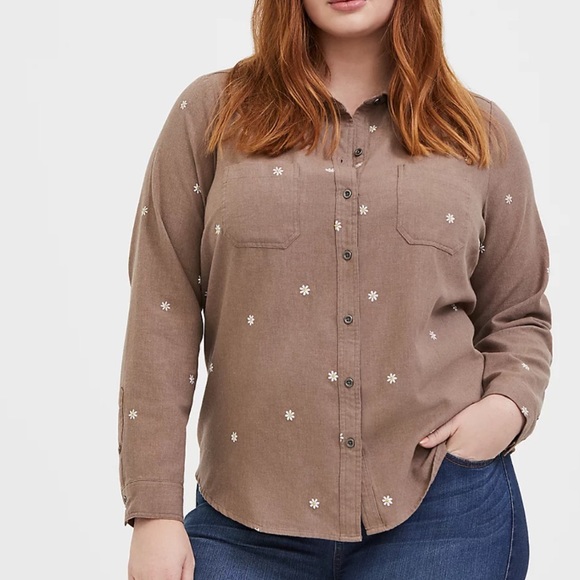 Torrid Taylor Denim Daisy Embroidered Button Down - Picture 2 of 11
